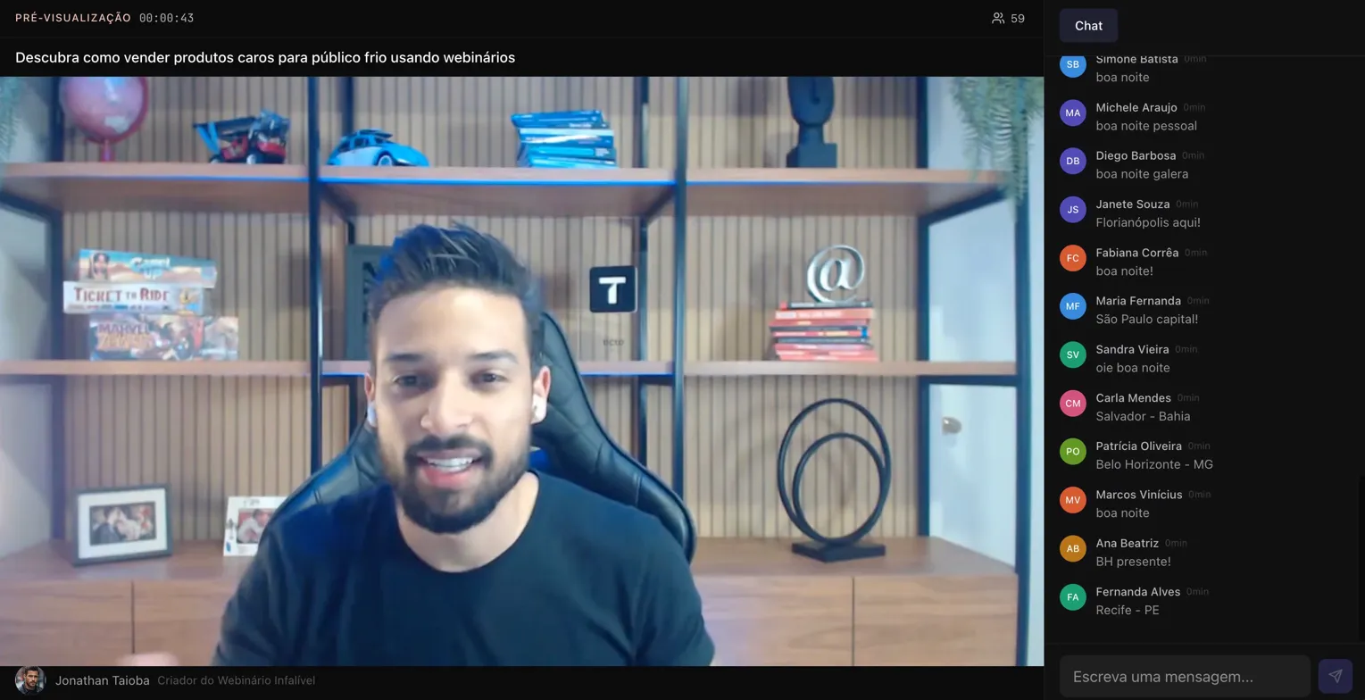 Sala de transmissão do Stagely com vídeo, chat ao vivo e participantes